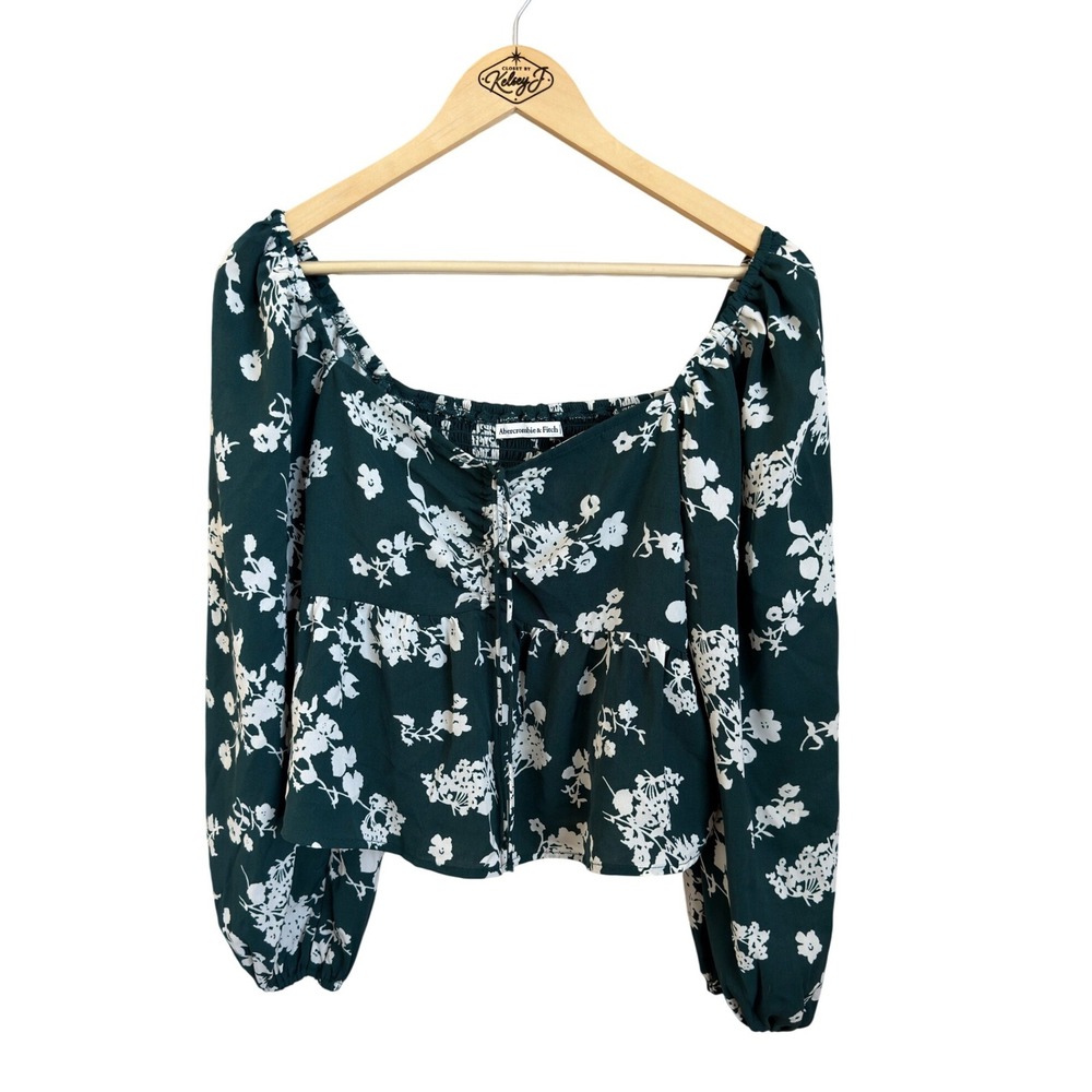 Abercrombie & Fitch Floral Tie Front Ruched Puff Sleeve Blouse Green M NWT
